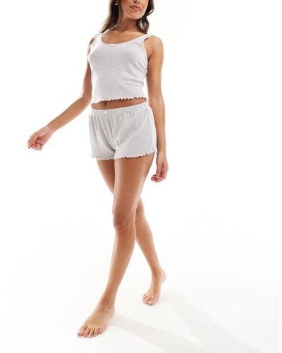 Boux Avenue Ribbed Cami And Short Pyjama Set With Rosebud Detailing - White
