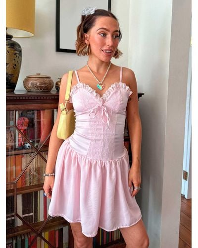 Daisy Street X Chloe Davie Y2k Drop Waist Satin Corset Dress With Frill Hem - Pink