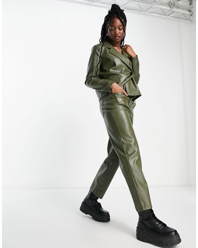 Noisy May Faux Leather Straight Leg Trousers - Green