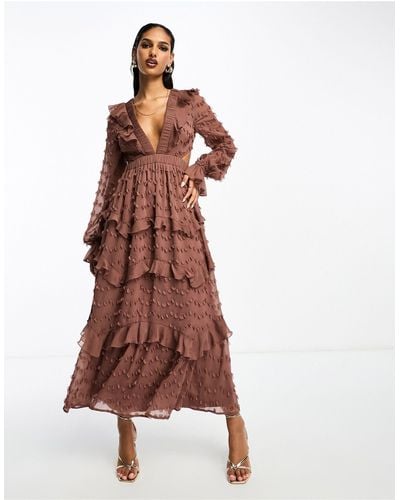 ASOS Textured Plunge Tiered Maxi Dress With Tie Back - Brown