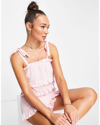 Lost Ink Gingham Frill Edge Cami Co-ord - Pink