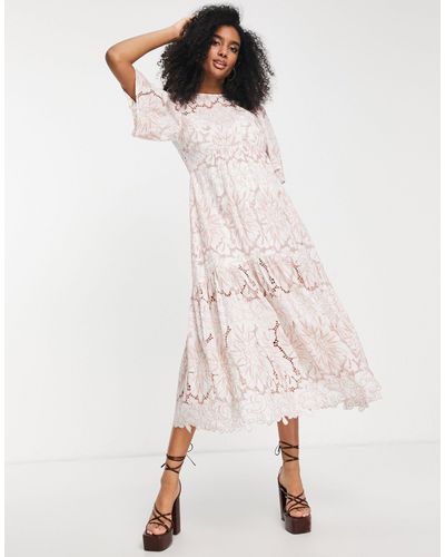 ASOS Floral Broderie Tiered Midi Dress With Contrast Stitch - Pink