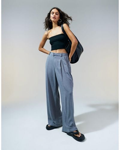 ASOS Wide Leg Dad Trousers With Linen - Blue
