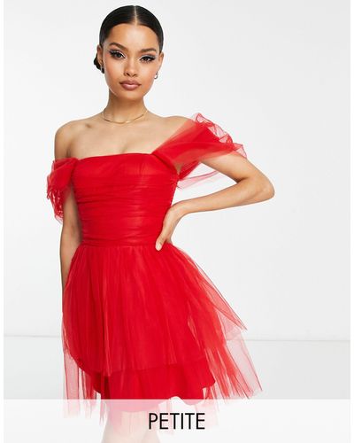 LACE & BEADS Exclusive Off Shoulder Wrapped Tulle Mini Dress - Red