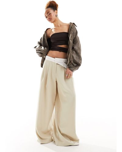 Lioness Low Rise Tailored Contrast Waistband Trousers - Natural