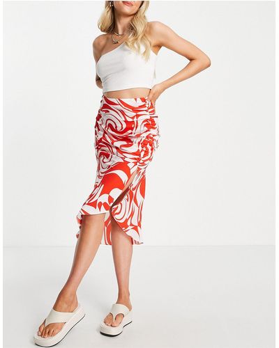 ASOS Button Ruched Skater Midi Skirt - Red