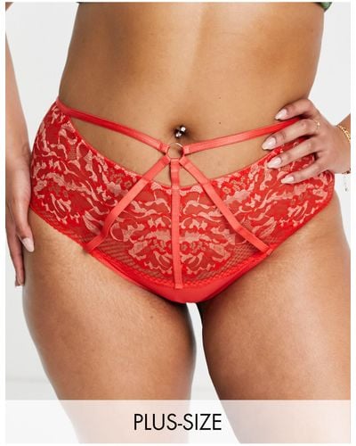 Figleaves Amore Lace And Fishnet Detail High Waist Brief - Red