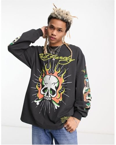 Ed Hardy Long Sleeve T-shirt With Skull Graphic - Black