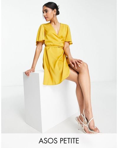 ASOS Asos Design Petite Satin Wrap Mini Dress With Flutter Sleeve And Tie Detail - Metallic