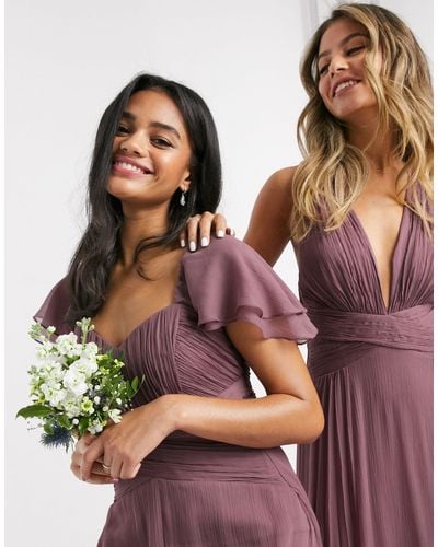 ASOS Bridesmaid Short Sleeve Ruched Maxi Dress-purple