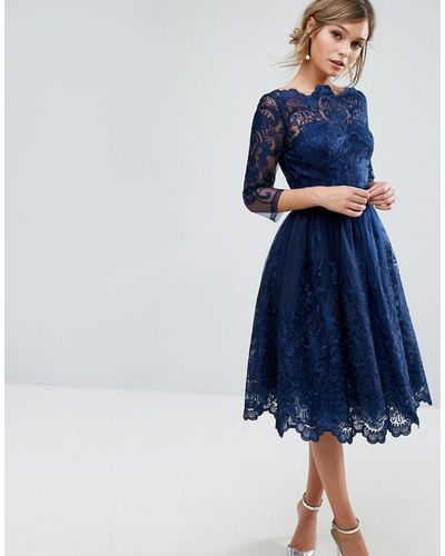 Chi Chi London Premium Lace Midi Dress With 3/4 Length Sleeve - Blue