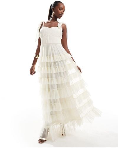LACE & BEADS Bow Ruffle Midaxi Dress - White