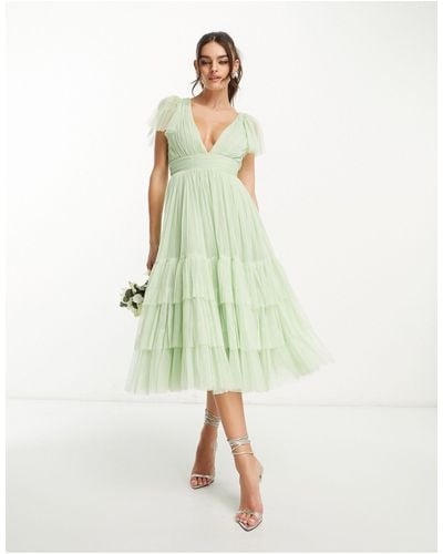LACE & BEADS Bridesmaid Madison V Neck Tulle Dress - Green