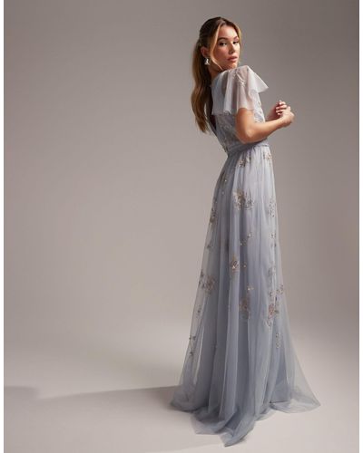 ASOS Bridesmaid Pearl Embellished Flutter Sleeve Maxi Dress With Floral Embroidery - White