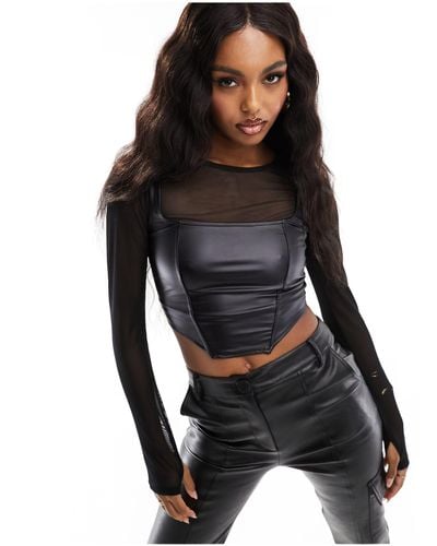 ASOS 2 In 1 Mesh And Leather Look Corset Top In - Black