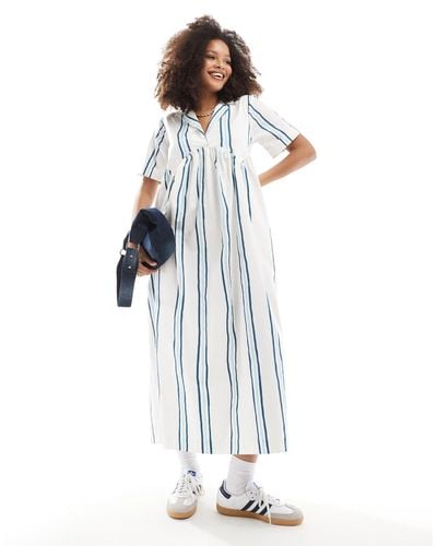 ASOS – midi-hemdkleid mit zweifarbigem streifenmuster, korsettsaum und reverskragen - Blau