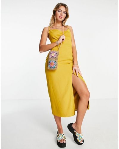 Pull&Bear Spaghetti Strap Midi Dress With Front Slit Detail - Natural