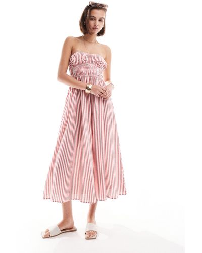 ASOS Midi Linen Bandeau Sundress With Ruched Bust Detail - Pink