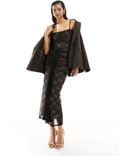 ASOS Ruched Mesh Lace Cami Midi Dress - Black