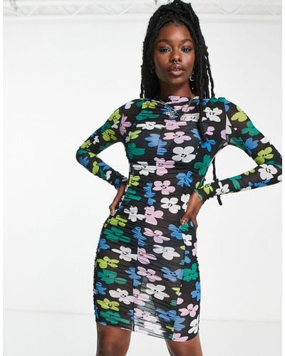 Collusion Daisy Print Ruched Long Sleeve Mesh Dress - Blue