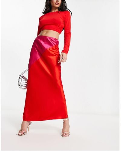 Never Fully Dressed Contrast Satin Midi Skirt - Red