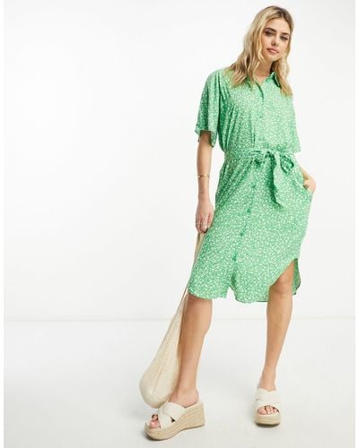 Monki Tie Waist Midi Shirt Dress - Green