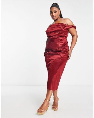 ASOS Asos design curve - robe mi-longue satinée structurée à encolure bardot et épaules dénudées - lie-de-vin - Rouge