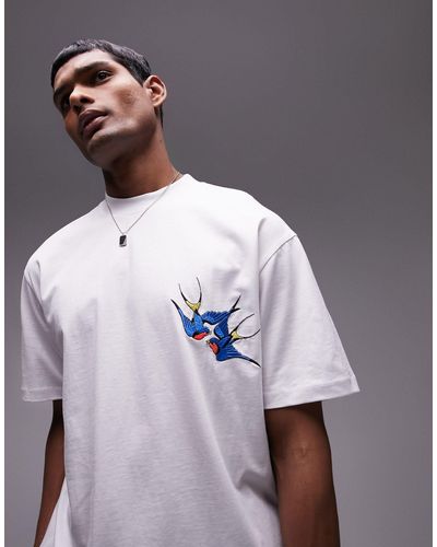 TOPMAN Oversized T-shirt With Tattoo Swallow Embroidery - White