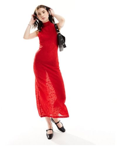 Ghospell High Neck Textu Sheer Midi Dress - Red