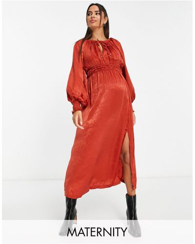 River Island River Island - Zwangerschapskleding - Midi Jurk Van Satijn Met Ballonmouwen - Rood