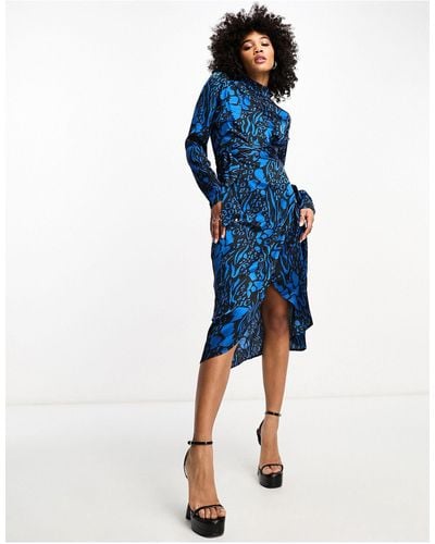 Object Printed Midi Dress With Wrap Detail - Blue