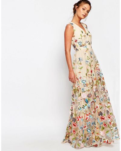 True Decadence All Over Embroidered Floral Maxi Dress - Metallic