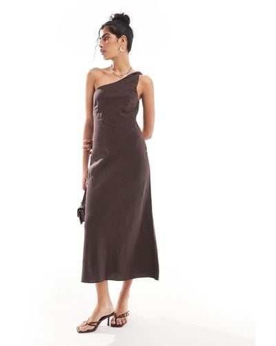 & Other Stories One Shoulder Linen Midi Dress With Twisted Strap Detail - Brown