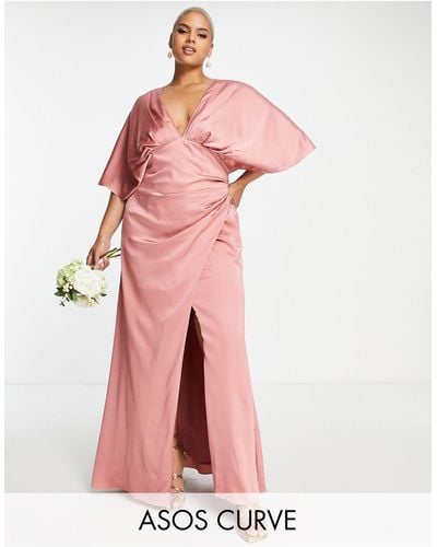 ASOS Asos Design Bridesmaid Curve Satin Kimono Sleeve Maxi Dress With Drape Skirt - Pink