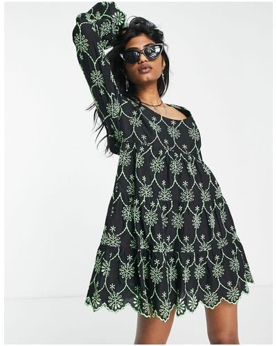 TOPSHOP Embroidered Tiered Mini Dress - Green