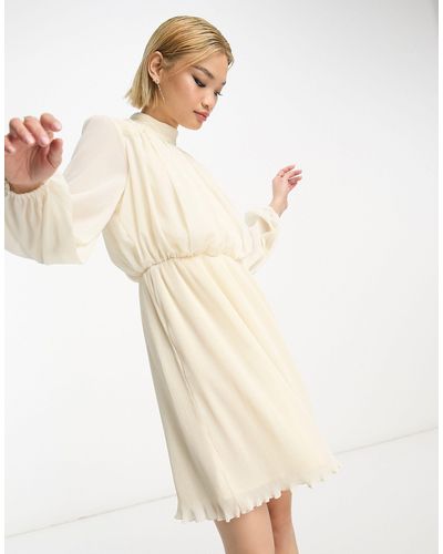 SELECTED Femme - vestito corto accollato color crema plissé - Neutro