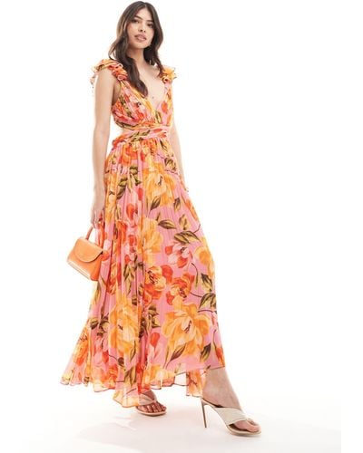 Forever New Vestito lungo plissé con cut-out e motivo con fiori arancione e rosa - Bianco