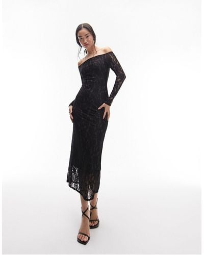 TOPSHOP Lace Bardot Long Sleeve Midi Dress - Black