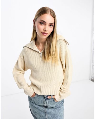 Monki High Zip Neck Knitted Sweater - Natural