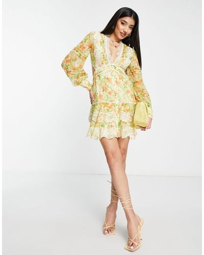 ASOS Chiffon Tiered Mini Dress With Lace Applique - Yellow