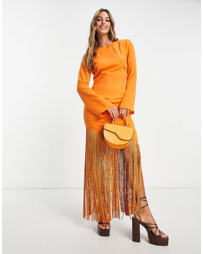 Pretty Lavish Asymmetric Fringe Maxi Dress - Orange