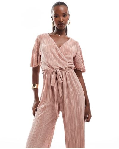 AX Paris Short Sleeve Plisse Wrap Jumpsuit - Pink