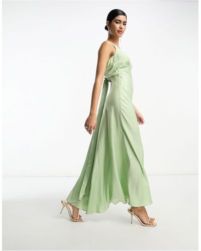 ASOS Bruidsmeisjes - Satijnen Maxi-jurk Met Gerimpeld Lijfje En Gestrikte Achterkant - Groen
