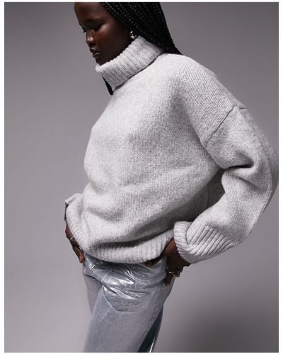 TOPSHOP Knitted Oversized Roll Neck Sweater - Grey