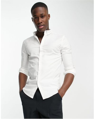 New Look Long Sleeve Muscle Fit Oxford Shirt - White