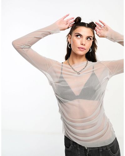 Weekday Main Sheer Long Sleeve Top With Side Rouche Detail - Grey