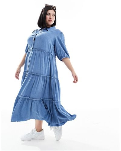Yours Tiered Button Maxi Dress - Blue