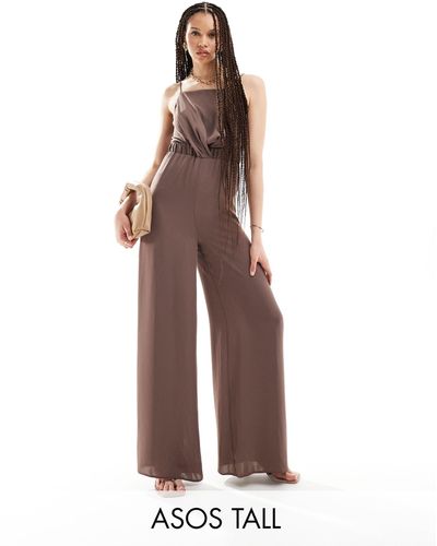 ASOS Asos Design Tall High Neck Twist Front Jumpsuit - Brown