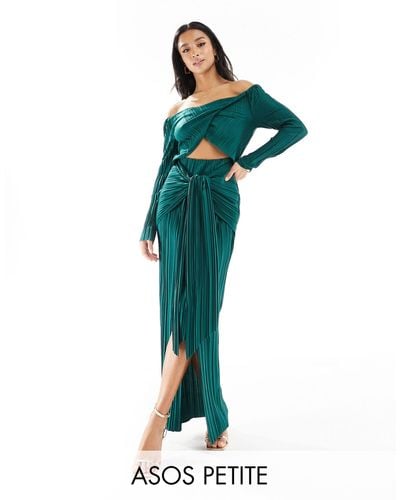 ASOS Asos Design Petite Plisse Bardot Twist Front Maxi Dress - Green