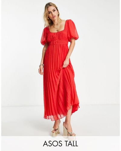 ASOS Asos Design Tall Puff Sleeve Pleated Dobby Midi Dress With Scallop Trim - Red